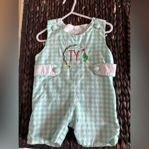 Mint Gingham Embroidered Fishing Romper “Ty”